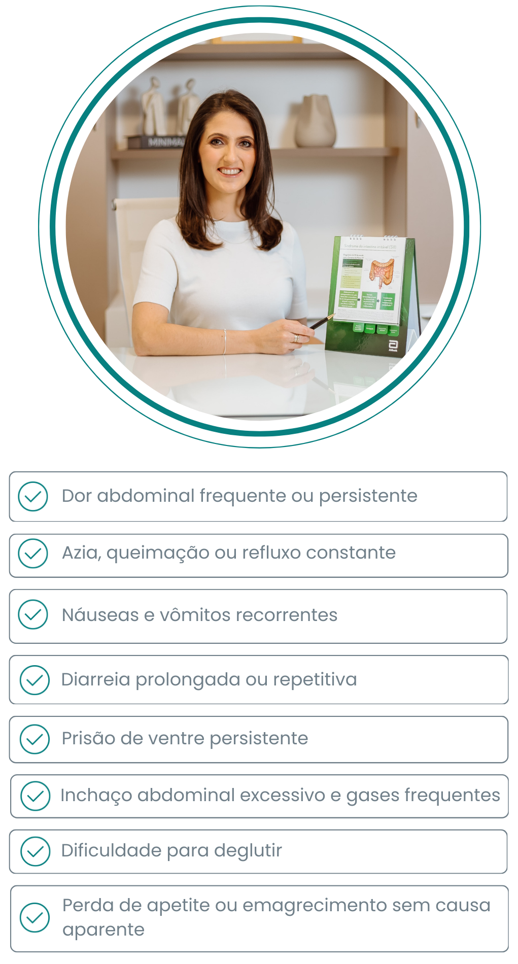 Sintomas para procurar uma gastroenterologista especializada em SII, SIBO e intolerâncias alimentares em mobile